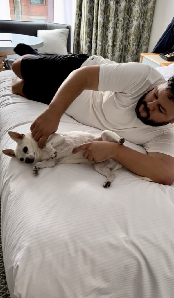 Man relaxing on a neatly made white hotel bed while playfully rubbing a small dog’s belly. Captures a cozy moment inside a dog friendly hotel in Dublin.